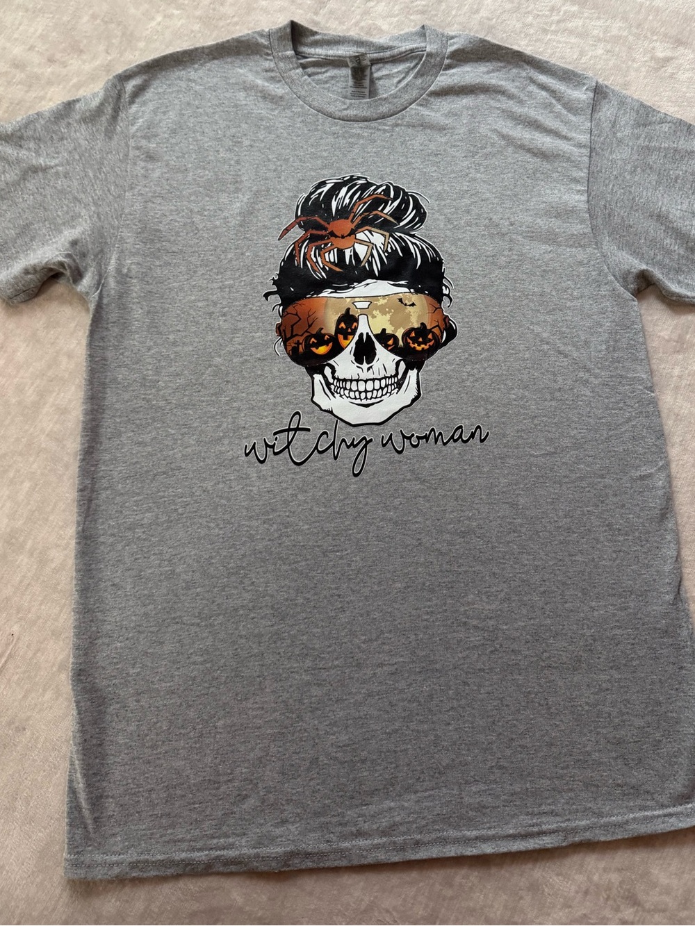 Gildan Grey Tee with Skull Graphic and Sunglasses WiTCHY Woman Fall Halloween